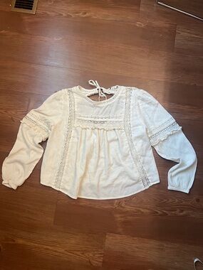 American Eagle Outfitters Cream Lace Peasant Top with Tie Back